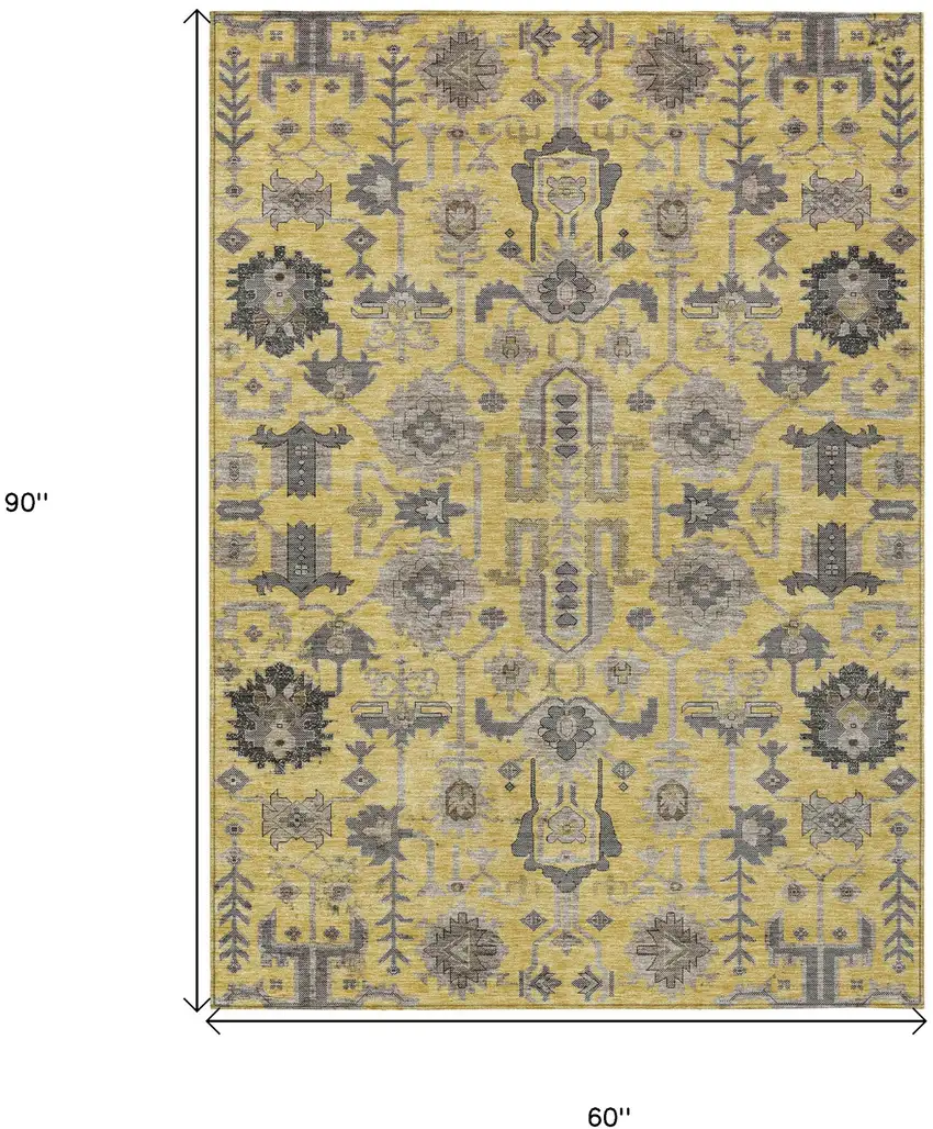 Yellow Gray And Charcoal Oriental Washable Indoor Outdoor Area Rug Photo 7