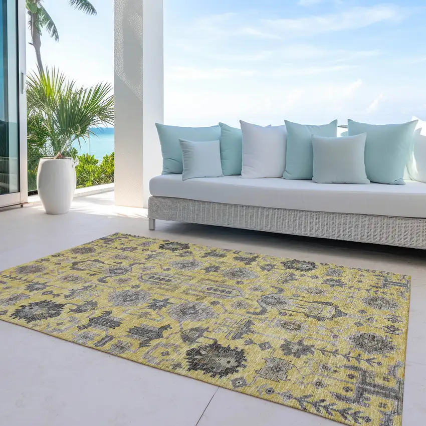 Yellow Gray And Charcoal Oriental Washable Indoor Outdoor Area Rug Photo 9