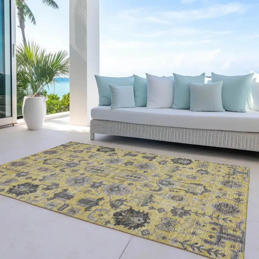 Yellow Gray And Charcoal Oriental Washable Indoor Outdoor Area Rug Photo 9