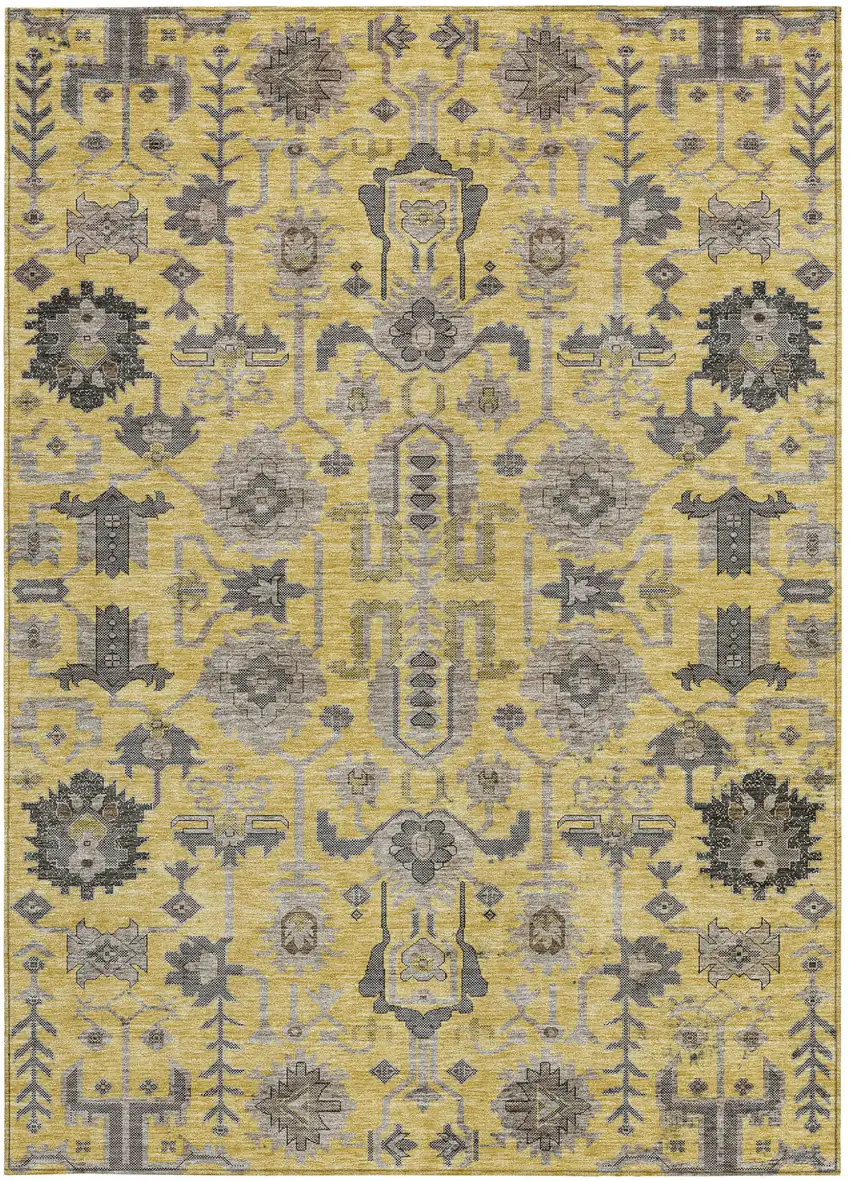 Yellow Gray And Charcoal Oriental Washable Indoor Outdoor Area Rug Photo 5