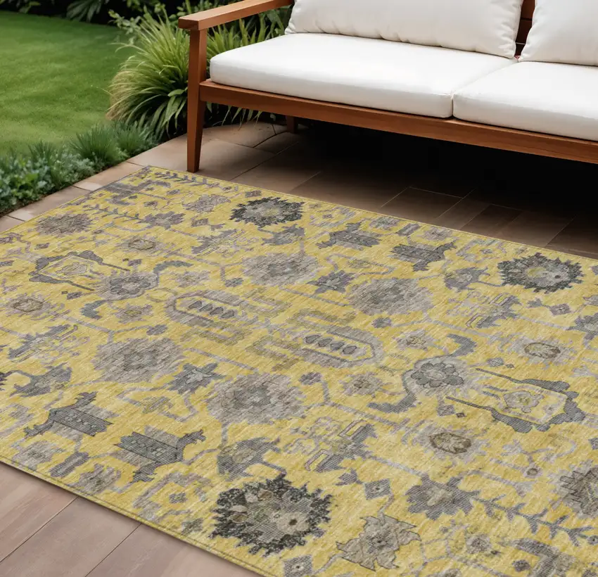 Yellow Gray And Charcoal Oriental Washable Indoor Outdoor Area Rug Photo 1