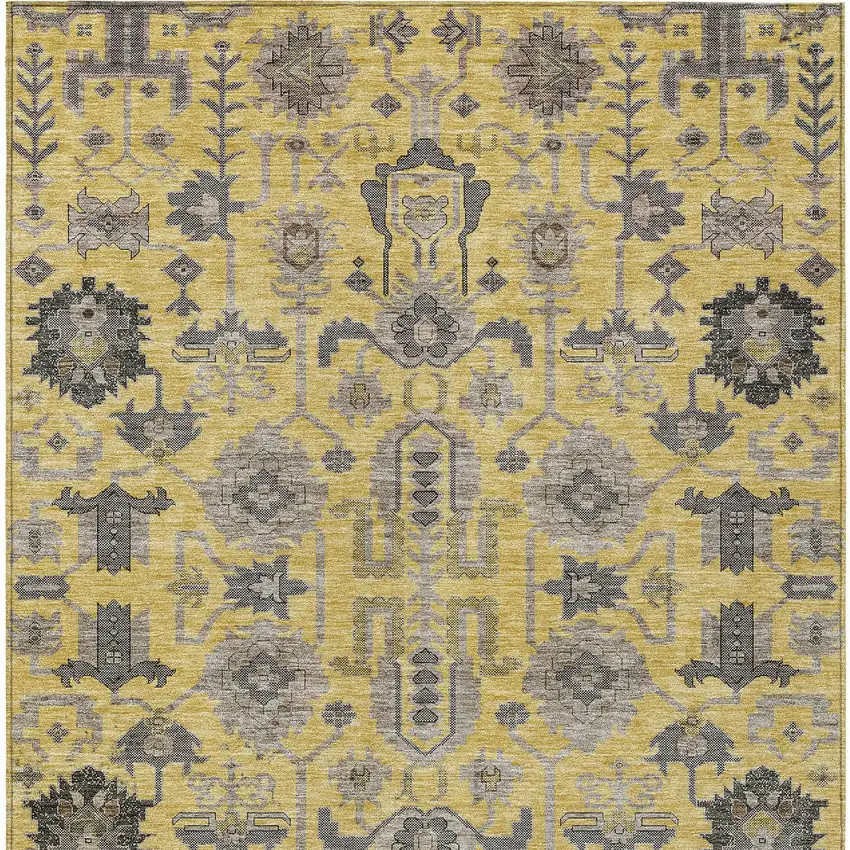 Yellow Gray And Charcoal Oriental Washable Indoor Outdoor Area Rug Photo 5
