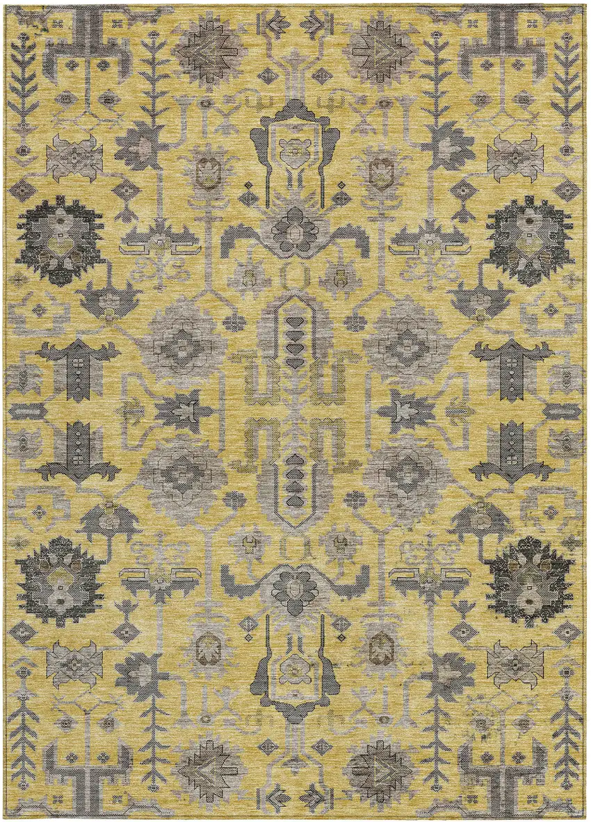 Yellow Gray And Charcoal Oriental Washable Indoor Outdoor Area Rug Photo 6