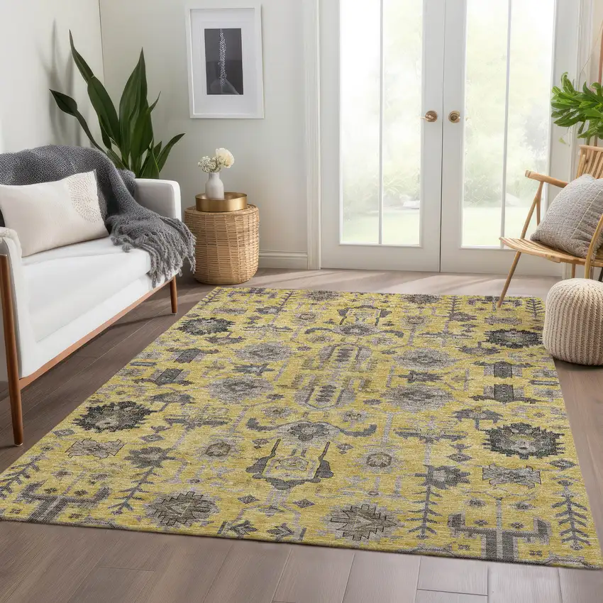 Yellow Gray And Charcoal Oriental Washable Indoor Outdoor Area Rug Photo 8