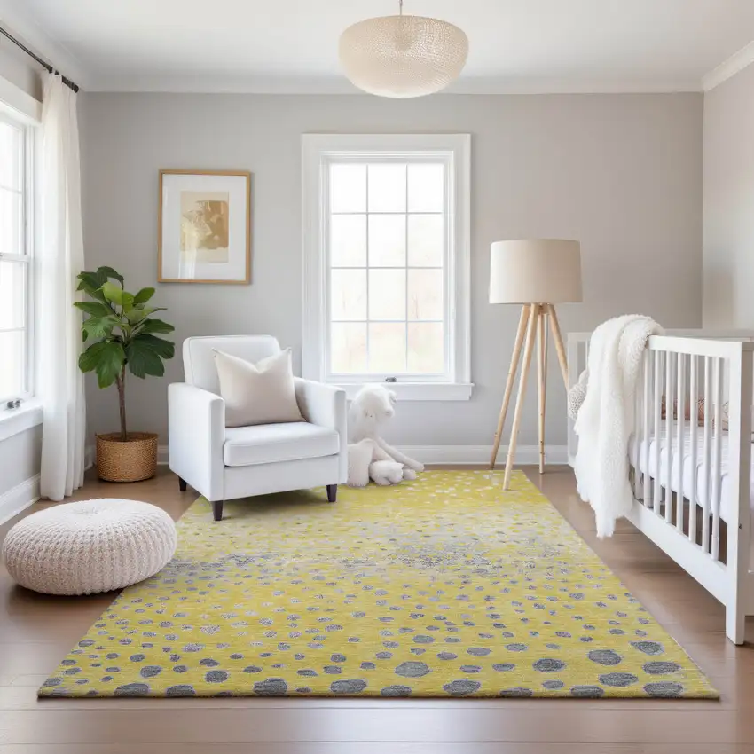 Yellow Gray And Ivory Polka Dot Washable Area Rug With UV Protection Photo 5