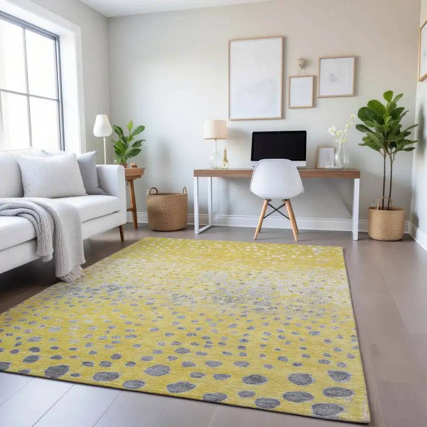 Yellow Gray And Ivory Polka Dot Washable Area Rug With UV Protection Photo 4