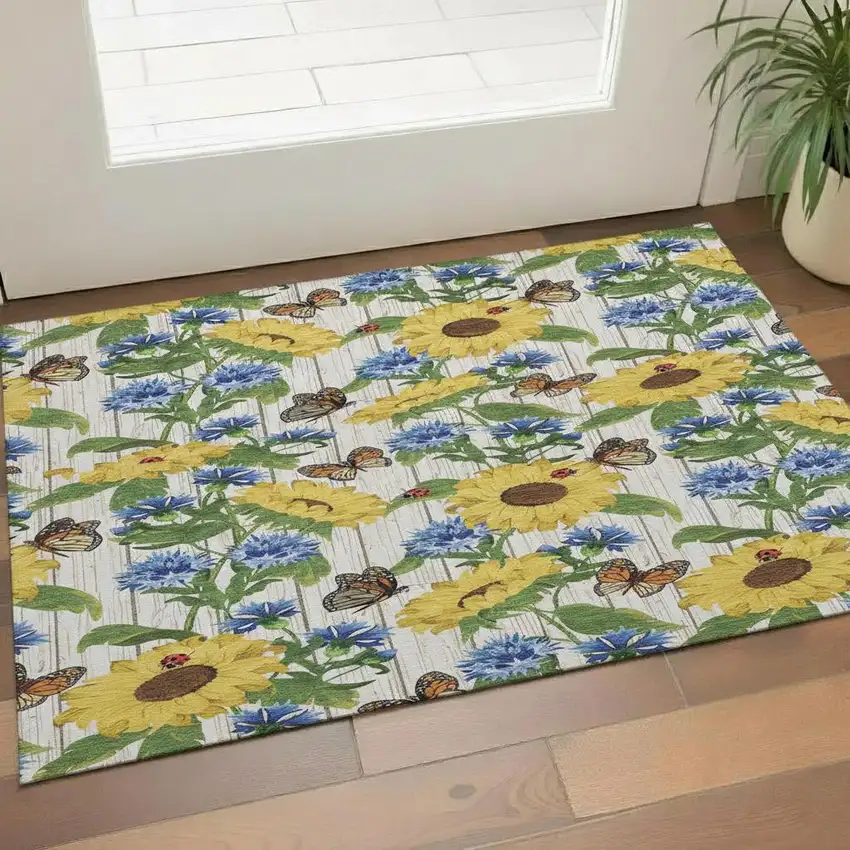Yellow Green And Blue Geometric Washable Area Rug With UV Protection Photo 1