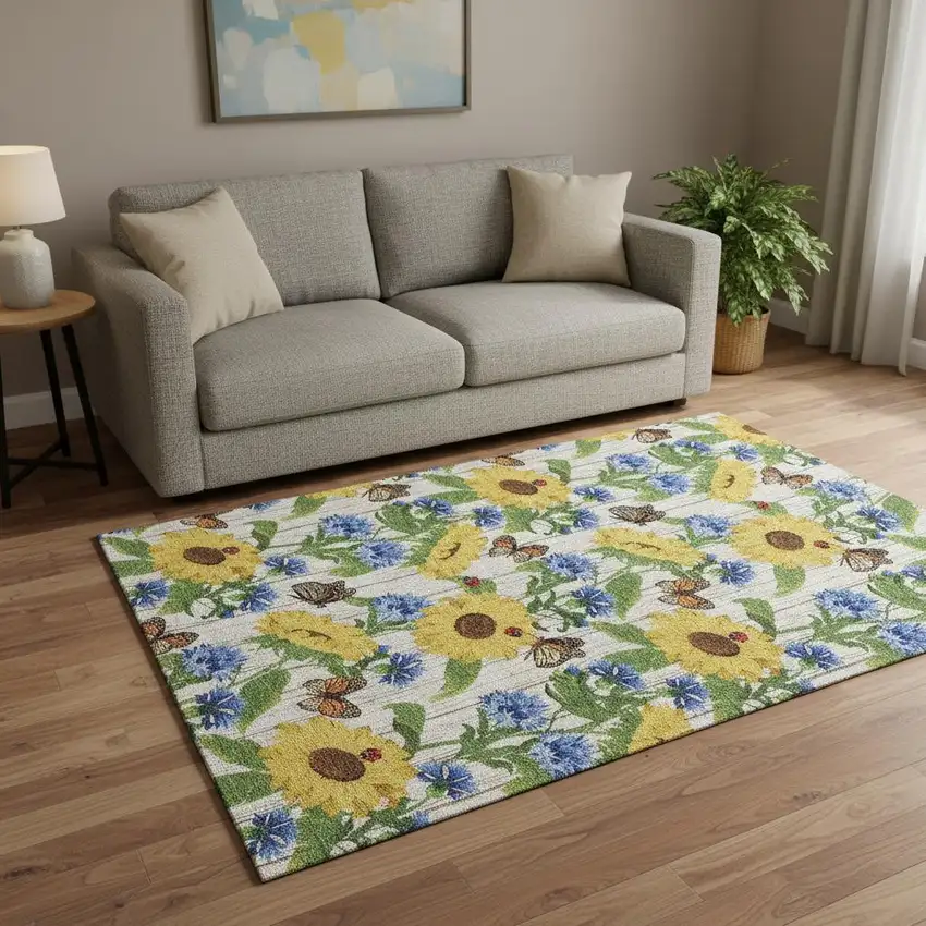 Yellow Green And Blue Geometric Washable Area Rug With UV Protection Photo 1