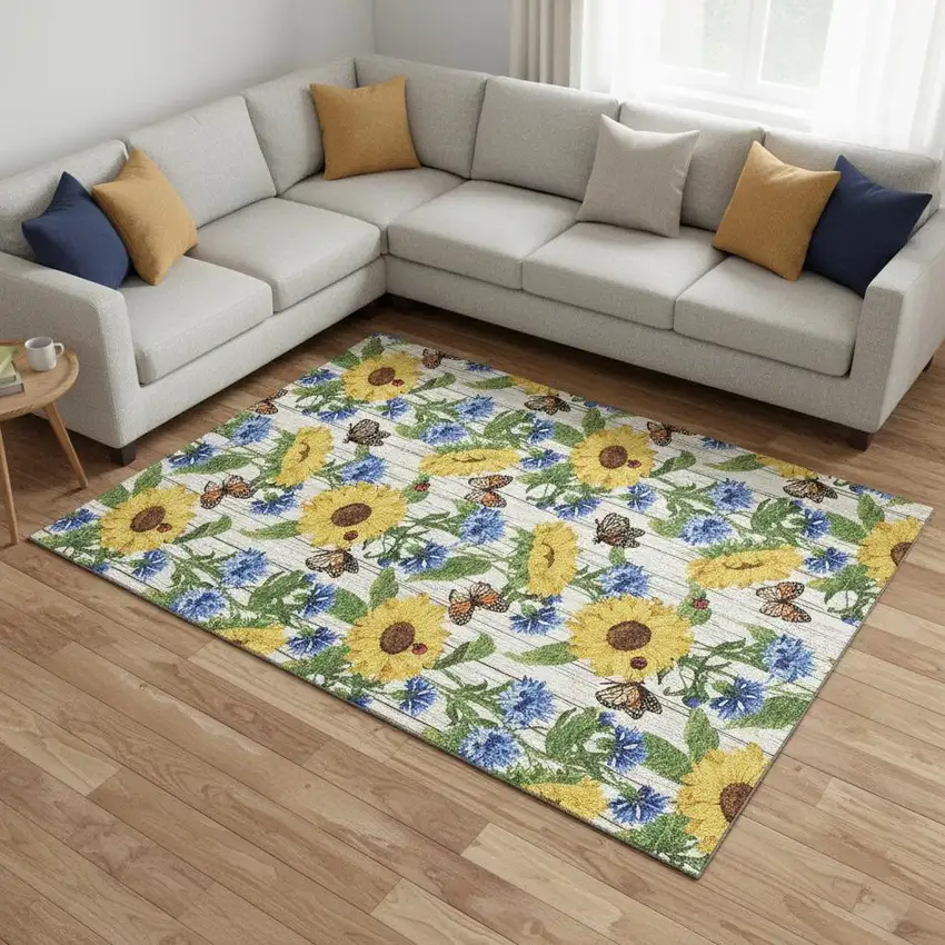 Yellow Green And Blue Geometric Washable Area Rug With UV Protection Photo 1