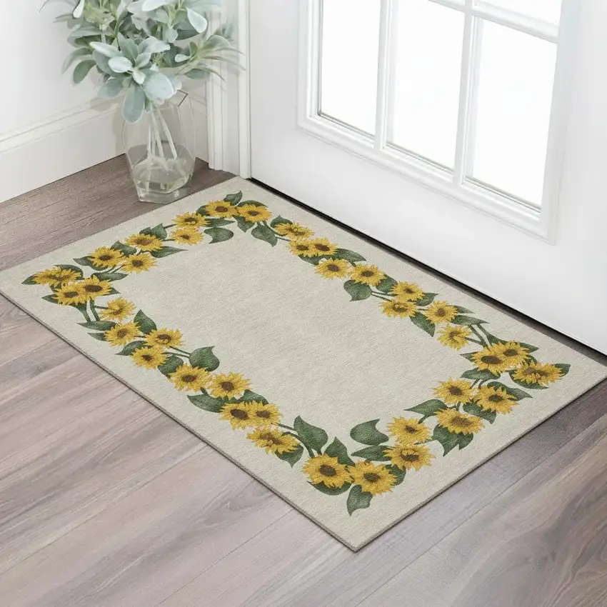 Yellow Green And Ivory Geometric Washable Area Rug With UV Protection Photo 1