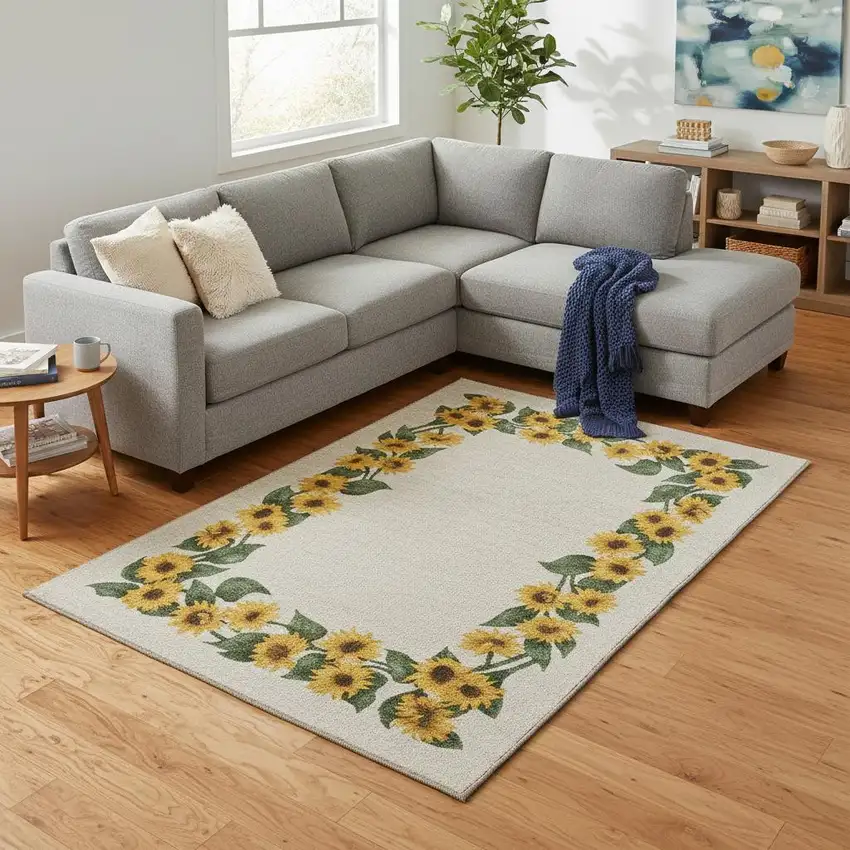 Yellow Green And Ivory Geometric Washable Area Rug With UV Protection Photo 1