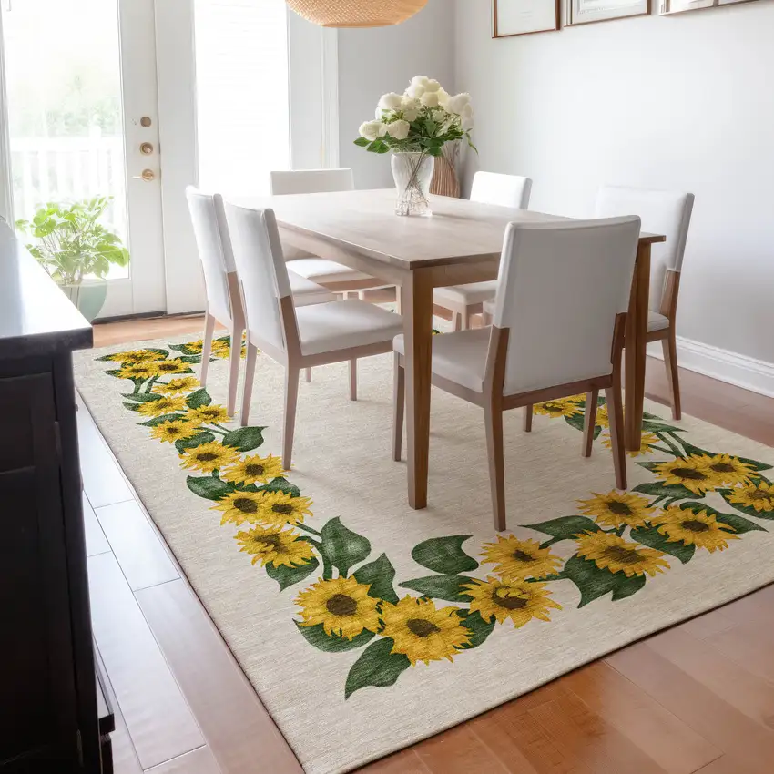 Yellow Green And Ivory Geometric Washable Area Rug With UV Protection Photo 5