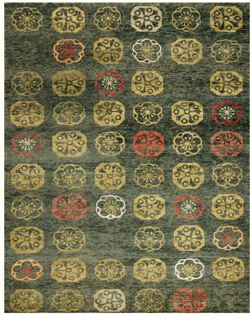 Yellow Green And Orange Floral Hand Knotted Area Rug Photo 2