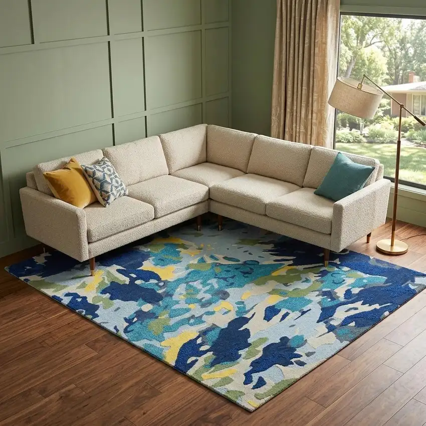 Yellow Green Blue And Light Blue Wool Abstract Hand Tufted Area Rug Photo 1