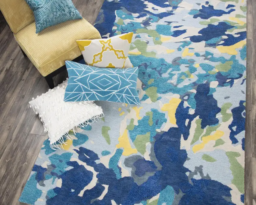 Yellow Green Blue And Light Blue Wool Abstract Hand Tufted Area Rug Photo 4