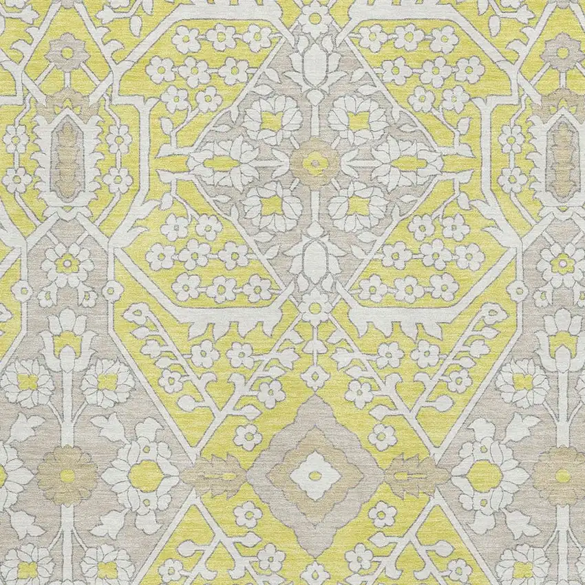 Yellow Ivory And Beige Floral Washable Area Rug With UV Protection Photo 4