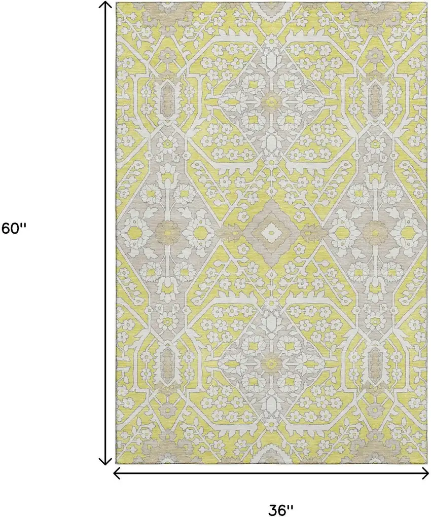 Yellow Ivory And Beige Floral Washable Area Rug With UV Protection Photo 3