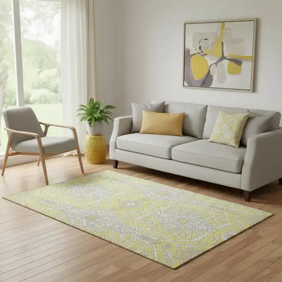 Yellow Ivory And Beige Floral Washable Area Rug With UV Protection Photo 1