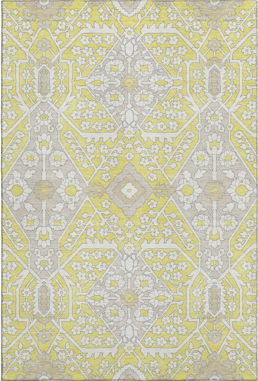 Yellow Ivory And Beige Floral Washable Area Rug With UV Protection Photo 2