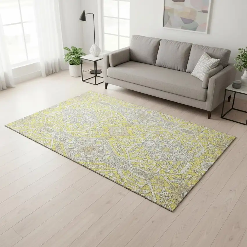 Yellow Ivory And Beige Floral Washable Area Rug With UV Protection Photo 1