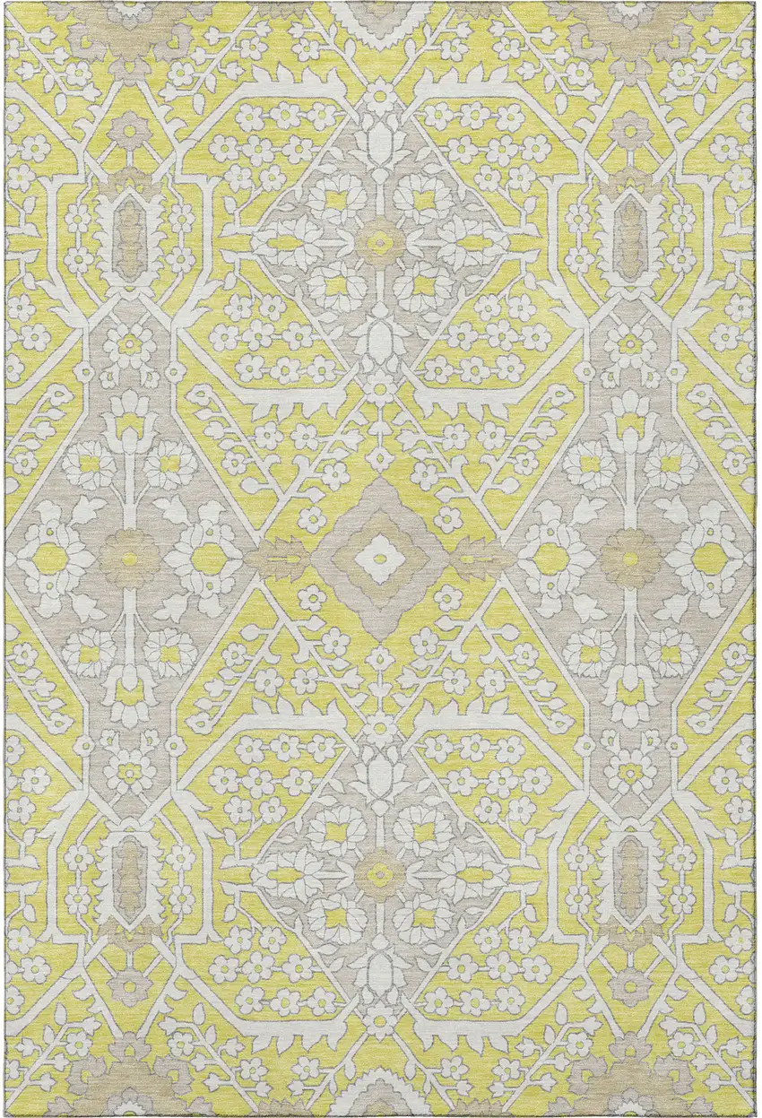 Yellow Ivory And Beige Floral Washable Area Rug With UV Protection Photo 5