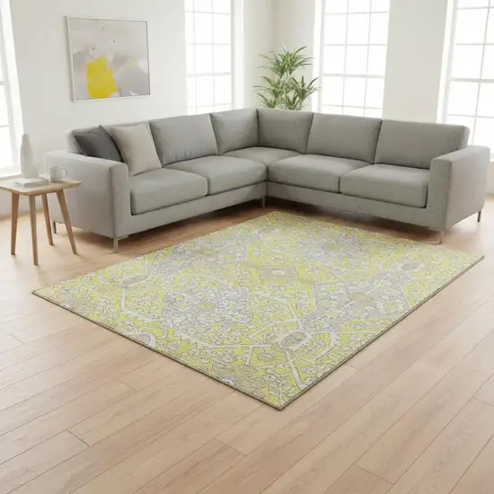 Yellow Ivory And Beige Floral Washable Area Rug With UV Protection Photo 1