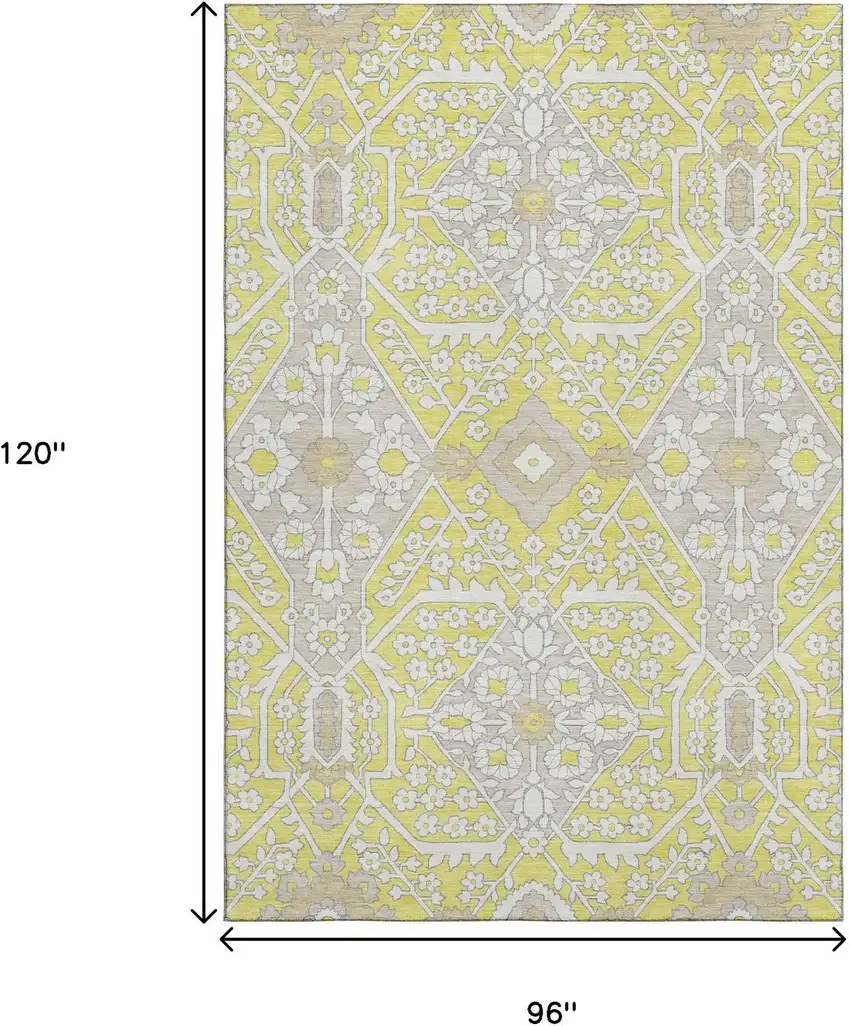 Yellow Ivory And Beige Floral Washable Area Rug With UV Protection Photo 3