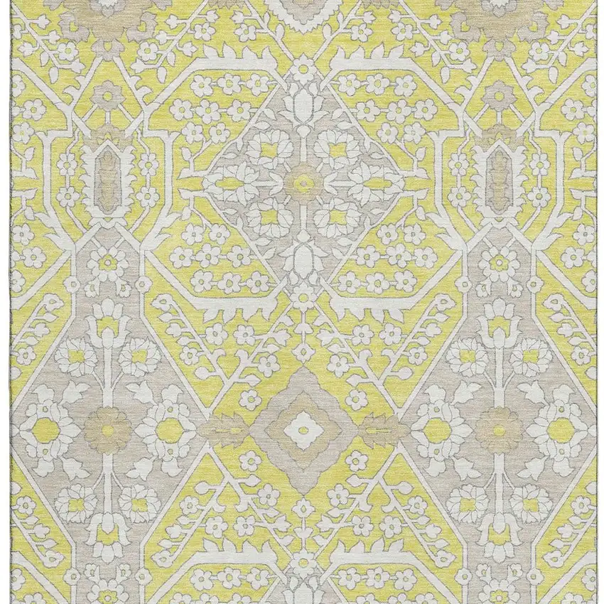Yellow Ivory And Beige Floral Washable Area Rug With UV Protection Photo 4