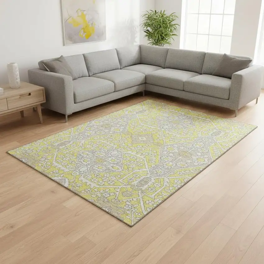 Yellow Ivory And Beige Floral Washable Area Rug With UV Protection Photo 1