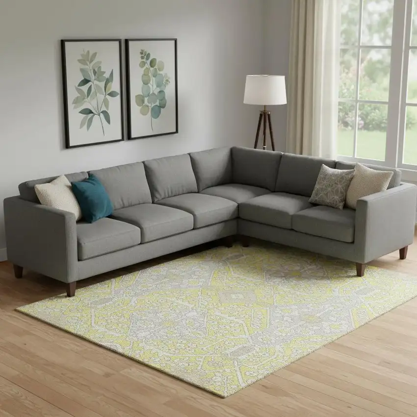 Yellow Ivory And Beige Floral Washable Area Rug With UV Protection Photo 1