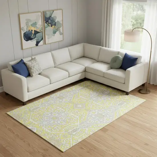 Yellow Ivory And Beige Floral Washable Area Rug With UV Protection Photo 1