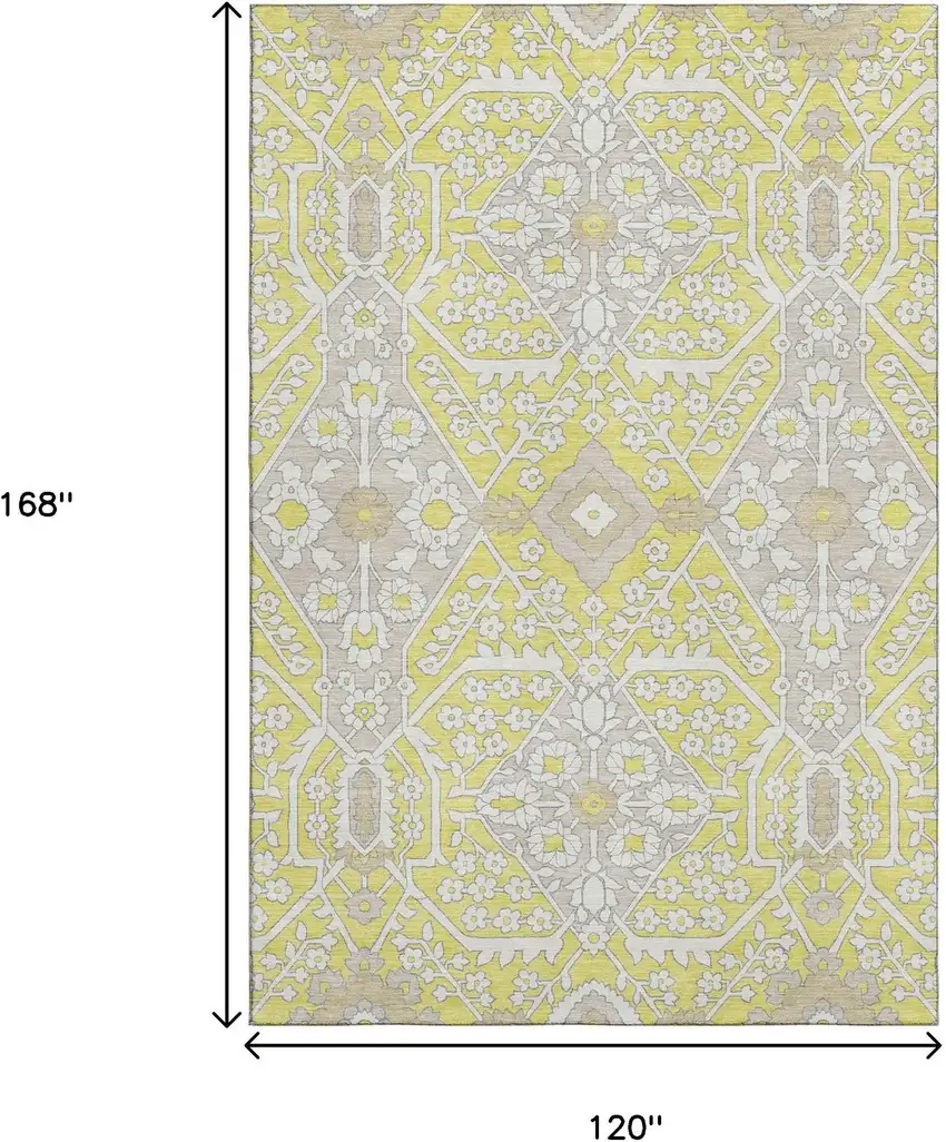 Yellow Ivory And Beige Floral Washable Area Rug With UV Protection Photo 3