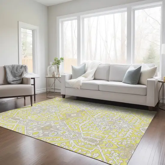 Yellow Ivory And Beige Floral Washable Indoor Outdoor Area Rug Photo 9