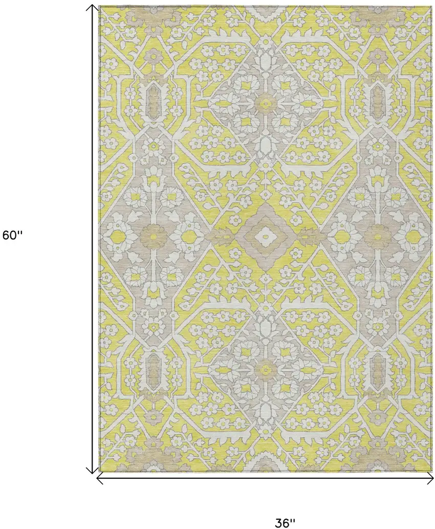 Yellow Ivory And Beige Floral Washable Indoor Outdoor Area Rug Photo 3