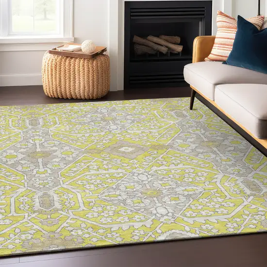 Yellow Ivory And Beige Floral Washable Indoor Outdoor Area Rug Photo 8
