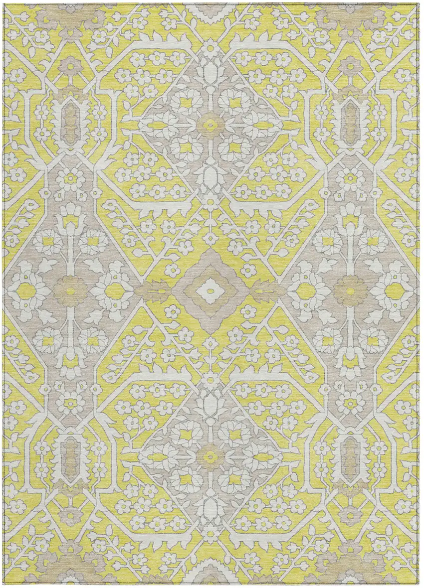 Yellow Ivory And Beige Floral Washable Indoor Outdoor Area Rug Photo 7