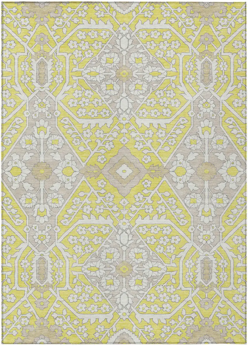 Yellow Ivory And Beige Floral Washable Indoor Outdoor Area Rug Photo 2
