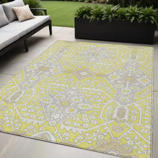 Yellow Ivory And Beige Floral Washable Indoor Outdoor Area Rug Photo 1