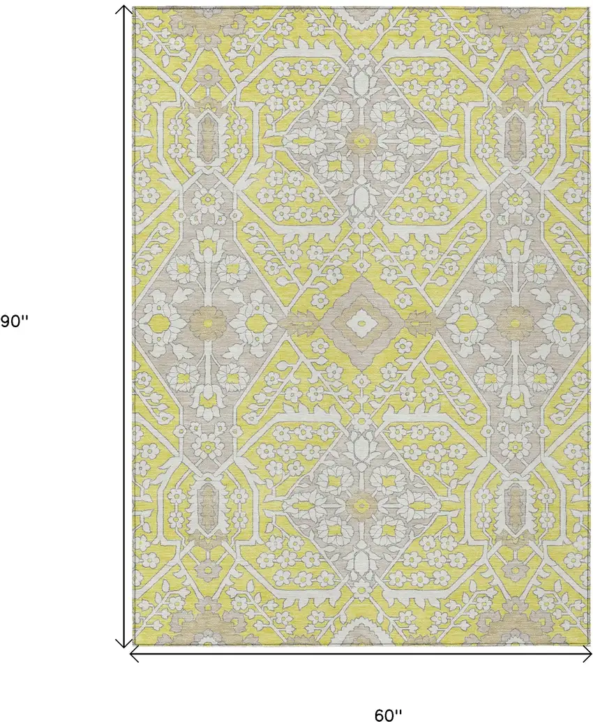 Yellow Ivory And Beige Floral Washable Indoor Outdoor Area Rug Photo 3