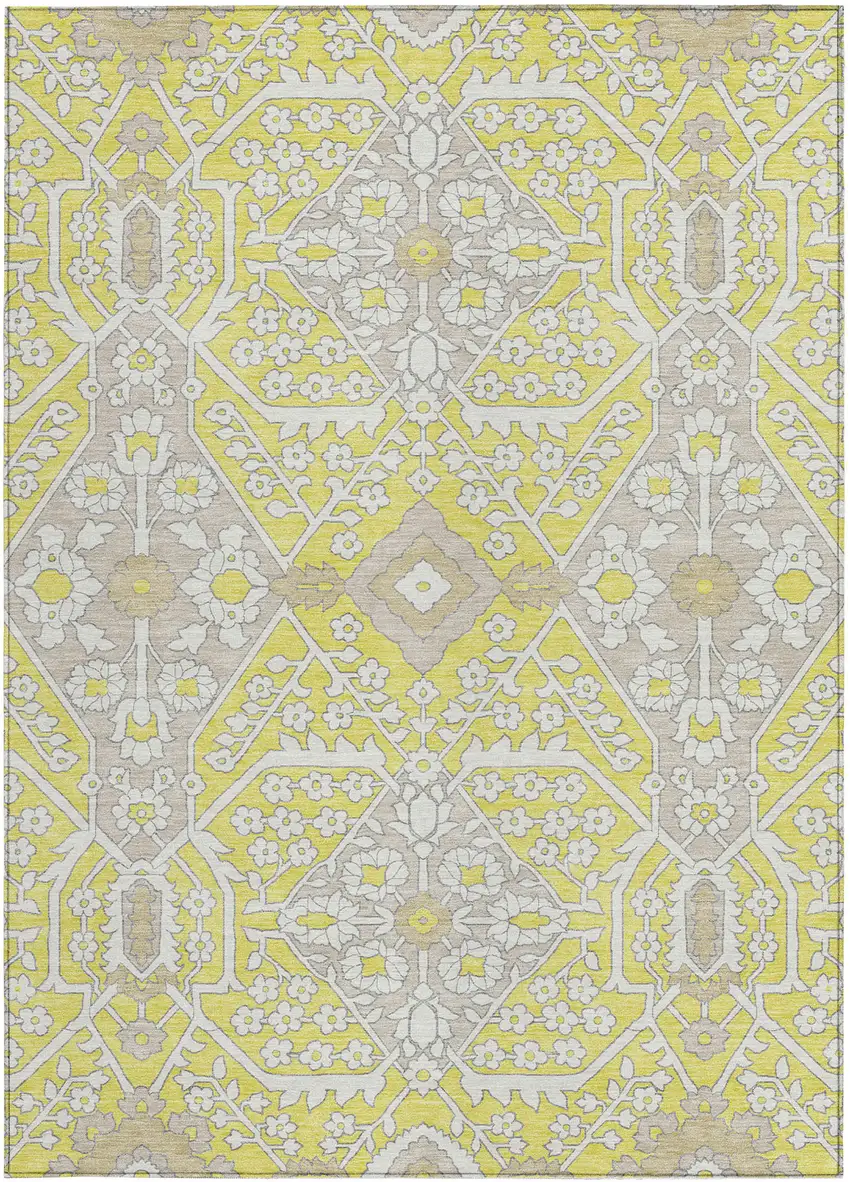 Yellow Ivory And Beige Floral Washable Indoor Outdoor Area Rug Photo 8