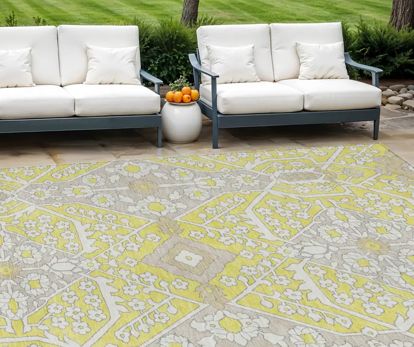 Yellow Ivory And Beige Floral Washable Indoor Outdoor Area Rug Photo 1