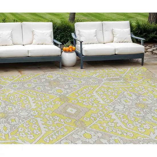 Yellow Ivory And Beige Floral Washable Indoor Outdoor Area Rug Photo 1