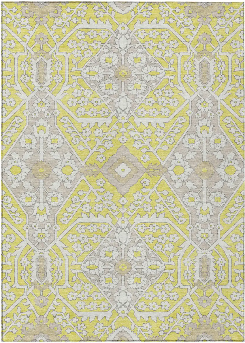 Yellow Ivory And Beige Floral Washable Indoor Outdoor Area Rug Photo 2