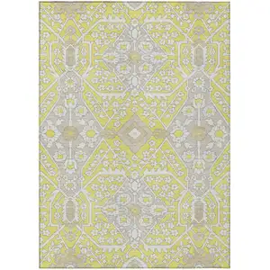 Photo of Yellow Ivory And Beige Floral Washable Indoor Outdoor Area Rug