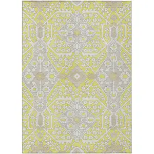 Photo of Yellow Ivory And Beige Floral Washable Indoor Outdoor Area Rug