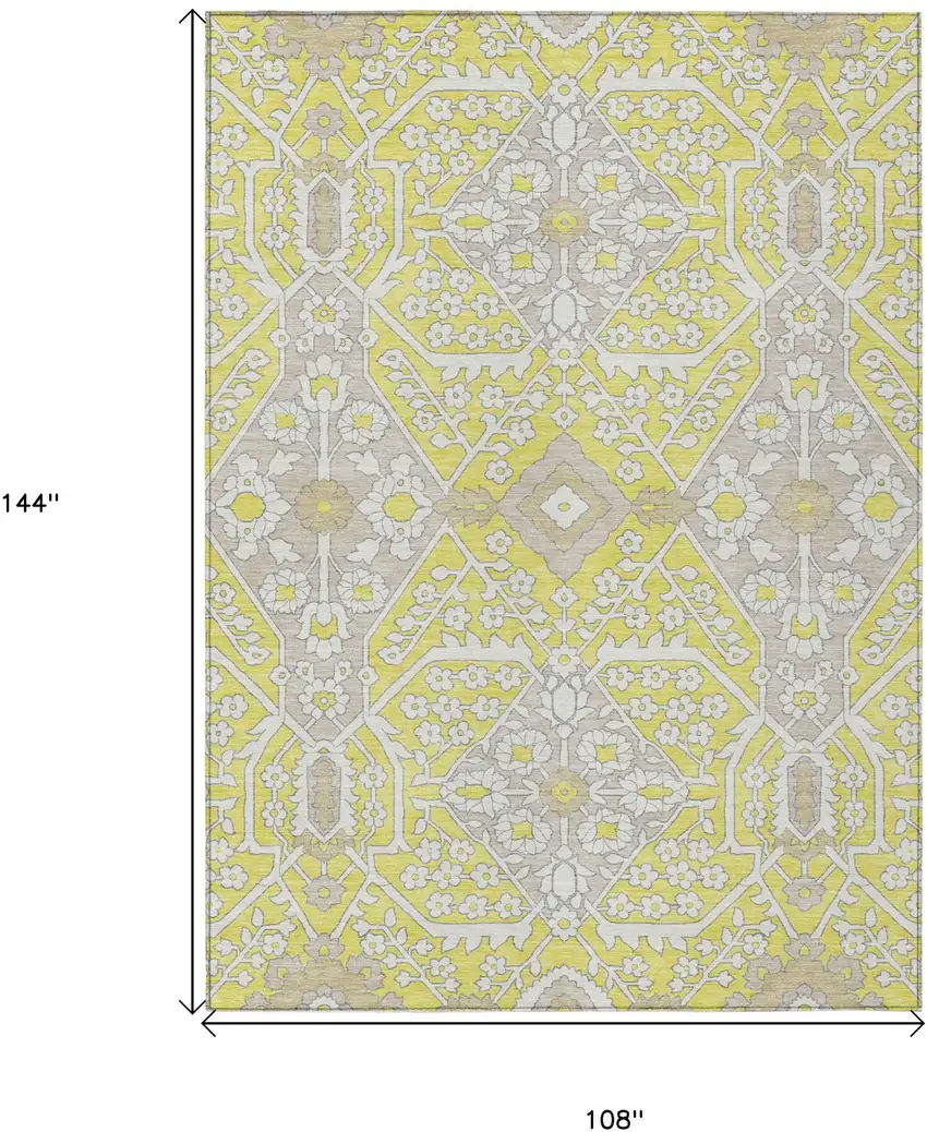 Yellow Ivory And Beige Floral Washable Indoor Outdoor Area Rug Photo 3