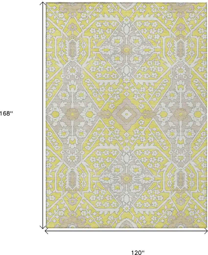 Yellow Ivory And Beige Floral Washable Indoor Outdoor Area Rug Photo 3