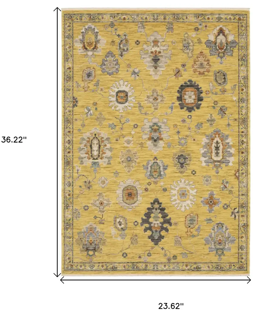 Yellow Ivory And Black Oriental Area Rug With Fringe Photo 3