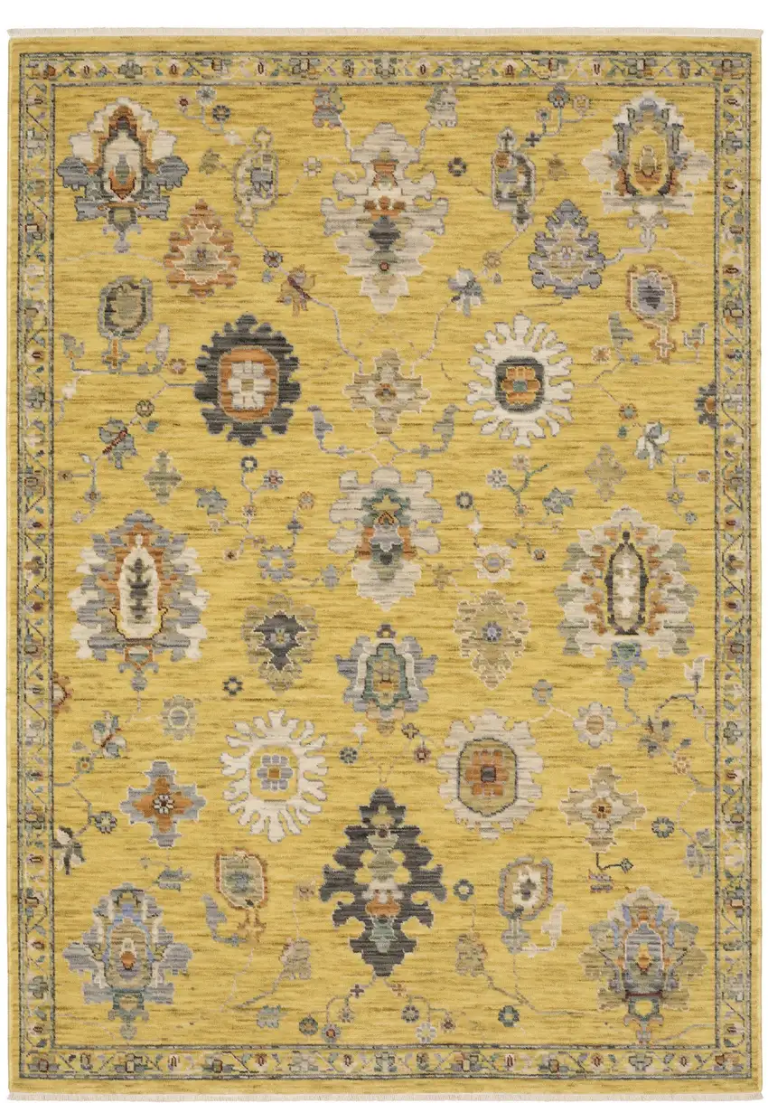 Yellow Ivory And Black Oriental Area Rug With Fringe Photo 5