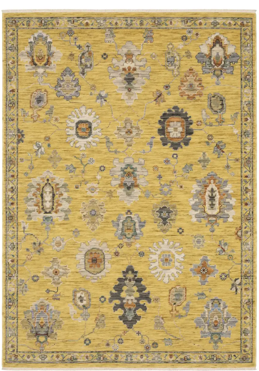 Yellow Ivory And Black Oriental Area Rug With Fringe Photo 2